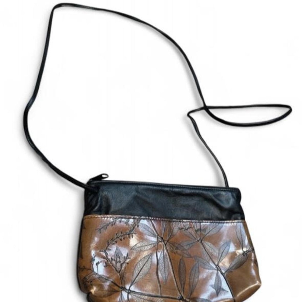 Leaf Leather G.G. Whiting Vintage Black Brown Tooled Crossbody Bag Made in USA